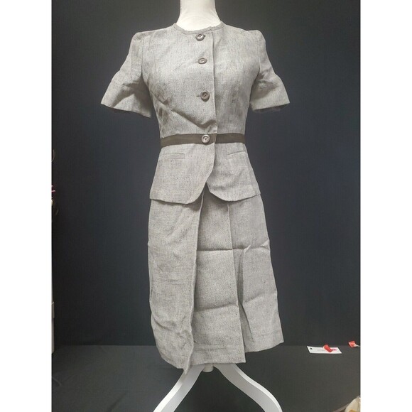 MAX MARA Gray Linen Silk Blend Short Sleeve Jacket‎ Faux Wrap Midi Skirt Suit 8 - Picture 1 of 13